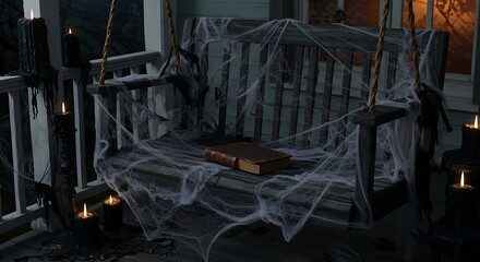 A close-up on a porch swing on a haunted veranda. The swing moves gently as if just vacated. It is draped in faux-cobwebs and surrounded