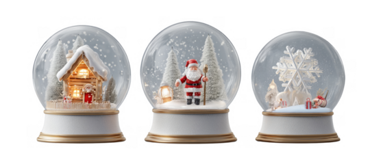 Three winter scene decorative snow globes, AI, PNG