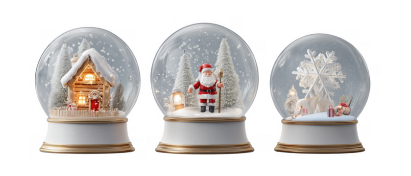 Three winter scene decorative snow globes, AI, PNG