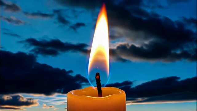 The images depict a burning candle with a tall, vibrant flame against a backdrop of a sky filled with clouds at various times of the day