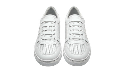 Pair of pristine white leather athletic shoes presented against a stark black background