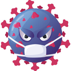 Angry Blue Virus Character Wearing White Face Mask with Red Spikes on Transparent Background