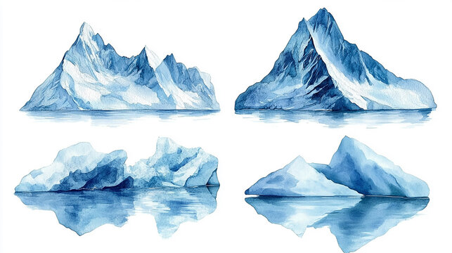 A series of icebergs, each smaller than the last, a visual countdown to a tipping point, in a style of watercolor