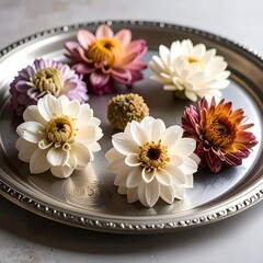 Assortment of colorful dried flowers artfully arranged on a silver platter