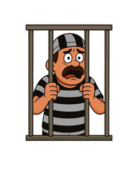 Cartoon vector of a worried inmate gripping jail bars, wearing striped prison uniform and cap. Useful for crime, punishment, detention, incarceration, justice system, rehabilitation and security topic