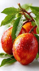 Fresh Nectarines on Branch with Water Droplets, Close-up Still Life