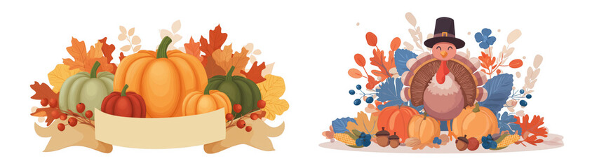 Fototapeta premium Autumn decor with pumpkins and colorful leaves, created AI, PNG