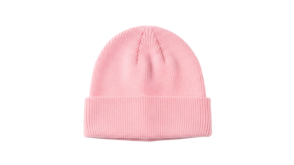 Soft pink knit head covering displayed against a dark background