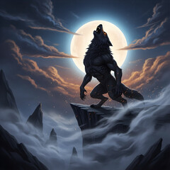 Howling Creature Standing on Cliff Under Full Moon at Night
