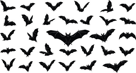 Bat silhouette vector collection, flying bats illustration, Halloween graphic design, spooky animal shapes, cad drawing flat vector illustration