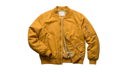 Yellowish brown flight style outerwear garment displayed flat against a dark backdrop