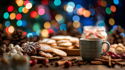 A joyful table boasts warm cookies and hot chocolate, lit by festive lights Generative AI