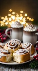 Cinnamon Rolls with Hot Cocoa and Festive Lights Holiday Treat
