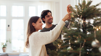 A joyful couple adds bright ornaments and twinkling lights to their Christmas tree in a cozy room Generative AI