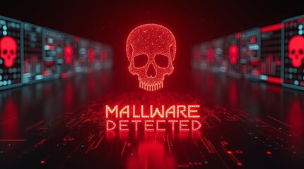 A digital representation featuring a glowing red skull with 'MALWARE DETECTED' text, set against a dark, futuristic background.