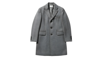 Classic mid length overcoat presented against a solid dark background