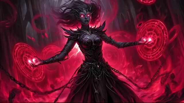 Dark Sorceress Unleashing Red Magic - A Fantasy Art Showcase.
