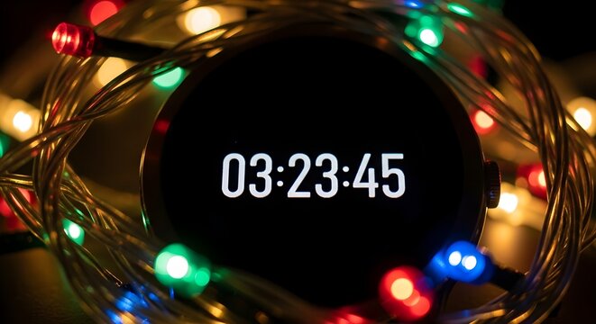 A close-up of a digital clock showing 03:23:45, nestled within a coil of bright, multi-colored LED fairy lights