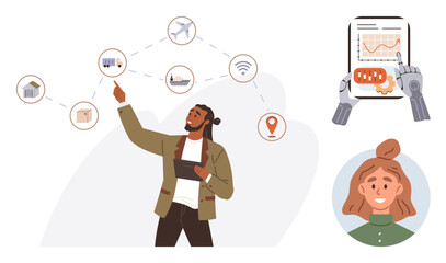 Man discussing future technology with AI robot analyzing data. Dotted network showing logistics, quadcopter, wireless. Ideal for innovation, education, AI, logistics, teamwork connectivity simple