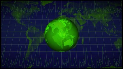 Green Earth Globe With Heartbeat EKG Line Graph Over Dark World Map Grid planet. Glowing green Earth globe with pulsing EKG line on dark grid world map, representing global connection. - Powered by Adobe