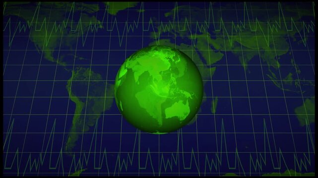 Green Earth Globe With Heartbeat EKG Line Graph Over Dark World Map Grid planet. Glowing green Earth globe with pulsing EKG line on dark grid world map, representing global connection. - Powered by Adobe