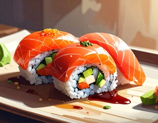 Close-up of appetizing sushi rolls on a wooden platter