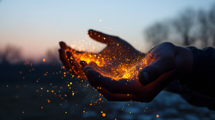 As twilight falls, hands let go of shimmering particles, casting a warm glow in the evening air Generative AI