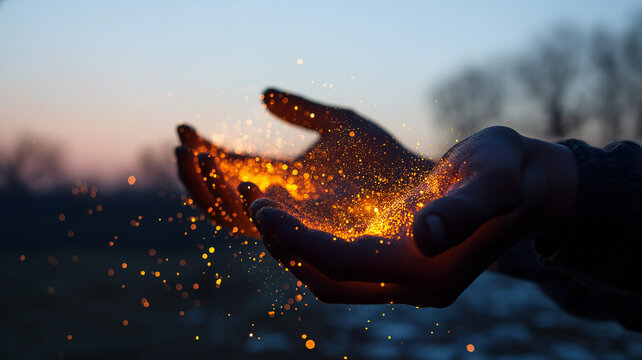 As twilight falls, hands let go of shimmering particles, casting a warm glow in the evening air Generative AI