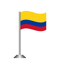Colombia Flag Waving on Pole Isolated on Transparent Background