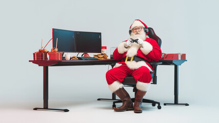 Santa Claus enjoys gaming at his desk, snacks nearby, spreading holiday cheer Generative AI