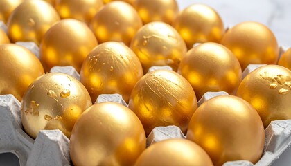 Close-up of golden-colored eggs nestled in a cardboard carton