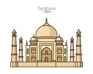 Minimal vector of the Taj Mahal, Agra&mdash;UNESCO World Heritage and world wonder. White marble Mughal mausoleum with minarets, symmetry and love monument; iconic India travel symbol