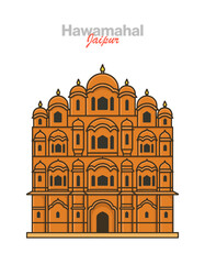 Clean vector illustration of Hawa Mahal (Palace of Winds), Jaipur. Iconic Rajput facade with jharokha windows, pink sandstone architecture and Rajasthan travel landmark in flat design