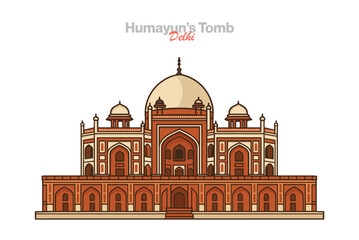 Elegant vector of Humayun’s Tomb, Delhi—UNESCO World Heritage Mughal monument. Symmetrical red sandstone and marble mausoleum with Persian charbagh garden, culture and tourism icon