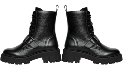 Pair of rugged black leather combat boots displayed against a dark background