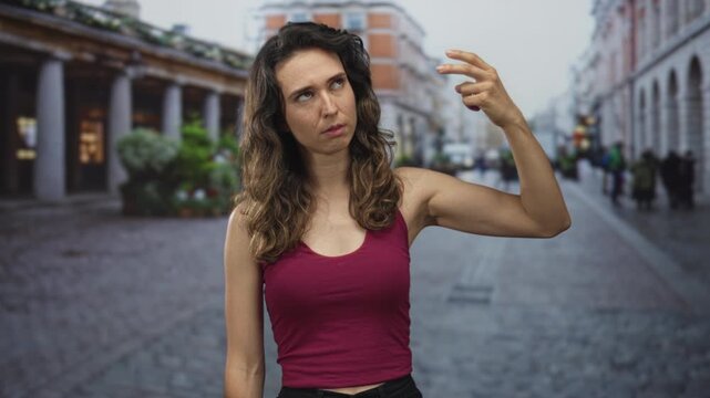 Woman gestures finger gun to head while standing on empty urban street in midday sunlight; desperation.