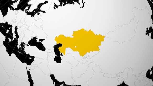 Kazakhstan map. Animated zoom into the country on the Globe in Black White color palette. Country logo animation. Map with meridians, parallels. Alive video.