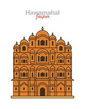 Clean vector illustration of Hawa Mahal (Palace of Winds), Jaipur. Iconic Rajput facade with jharokha windows, pink sandstone architecture and Rajasthan travel landmark in flat design