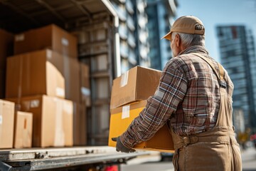 Fototapeta premium Senior Man Carrying Box from Delivery Truck in Urban Setting on a Sunny Day