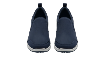 A pair of dark blue slip-on casual shoes are displayed against a solid black background.