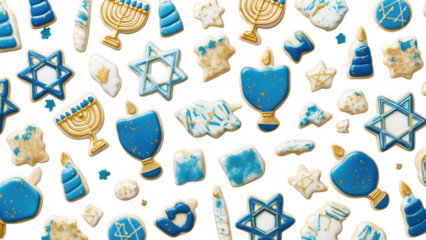 Dreidel and star cookies adorn the table, created AI, PNG