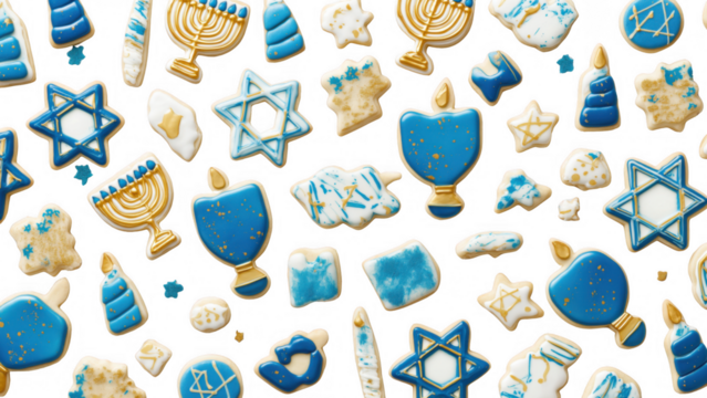 Dreidel and star cookies adorn the table, created AI, PNG