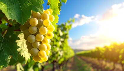 Close-up of ripe grapes hanging from a vine in sunlit vineyard