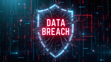 A striking visual representation of a data breach, featuring a digital shield and vibrant neon colors.