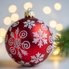 Red Christmas Ornament with Snowflake Design on Bokeh Lights Background