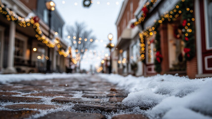 Fototapeta premium A cozy street with festive lights and soft snow creates a winter wonderland Generative AI