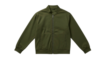 Plain olive green casual outerwear garment with a full zipper closure centered against a black background