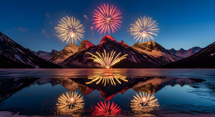 Celebrating with Fireworks Over Mountain Lake at Dusk with Water Reflection