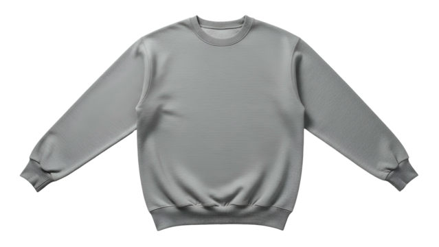 Plain gray crew neck long sleeve garment floats on a black background