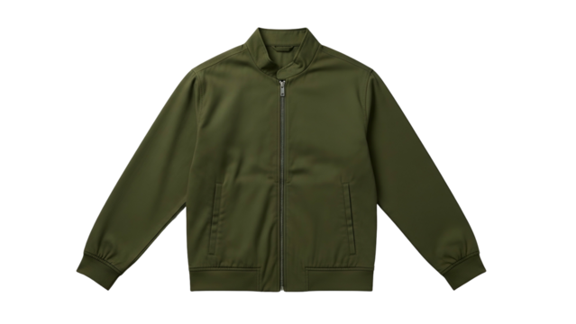 Plain olive green casual outerwear garment with a full zipper closure centered against a black background - Powered by Adobe